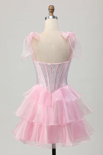 Sparkly Pink Straps Bow Corset Tiered Beaded Cocktail Dress